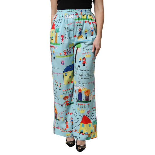 Dolce & Gabbana Light Blue Drawing Mid Waist Wide Leg Pants