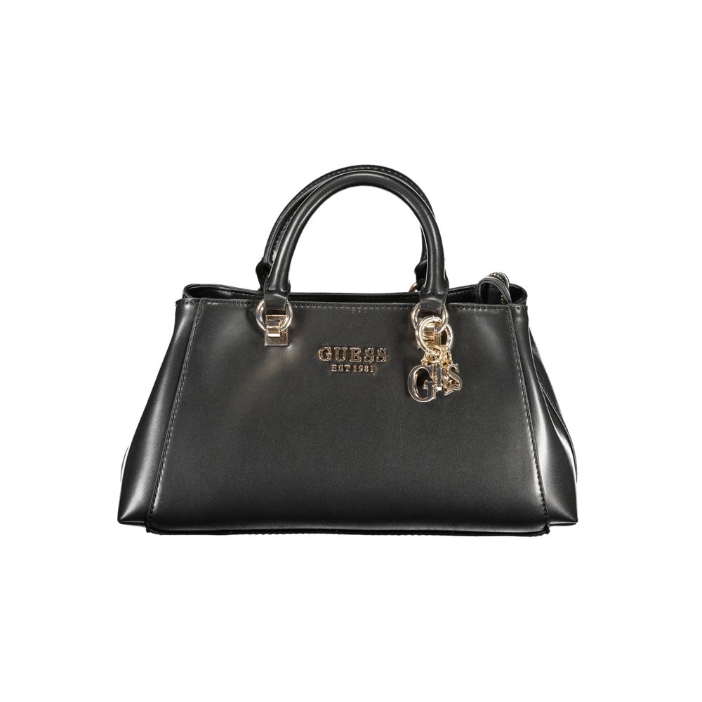 Guess Jeans Black Polyethylene Handbag with logo, two handles, adjustable strap, and multiple pockets. Elegant design with protective feet.