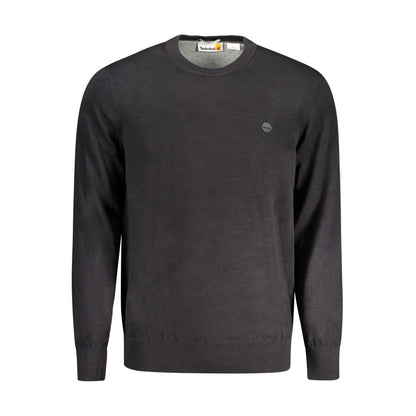 Timberland Black Cotton Men Sweater, long-sleeved with crew neck, featuring iconic Timberland logo, made from 100% organic cotton.