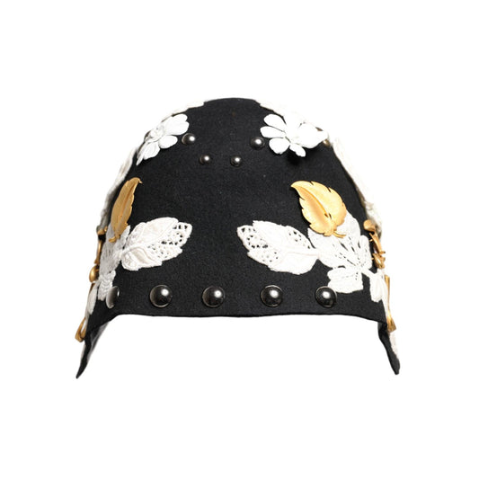 Dolce & Gabbana Black Wool White Floral Gold Leaf Cloche Hat