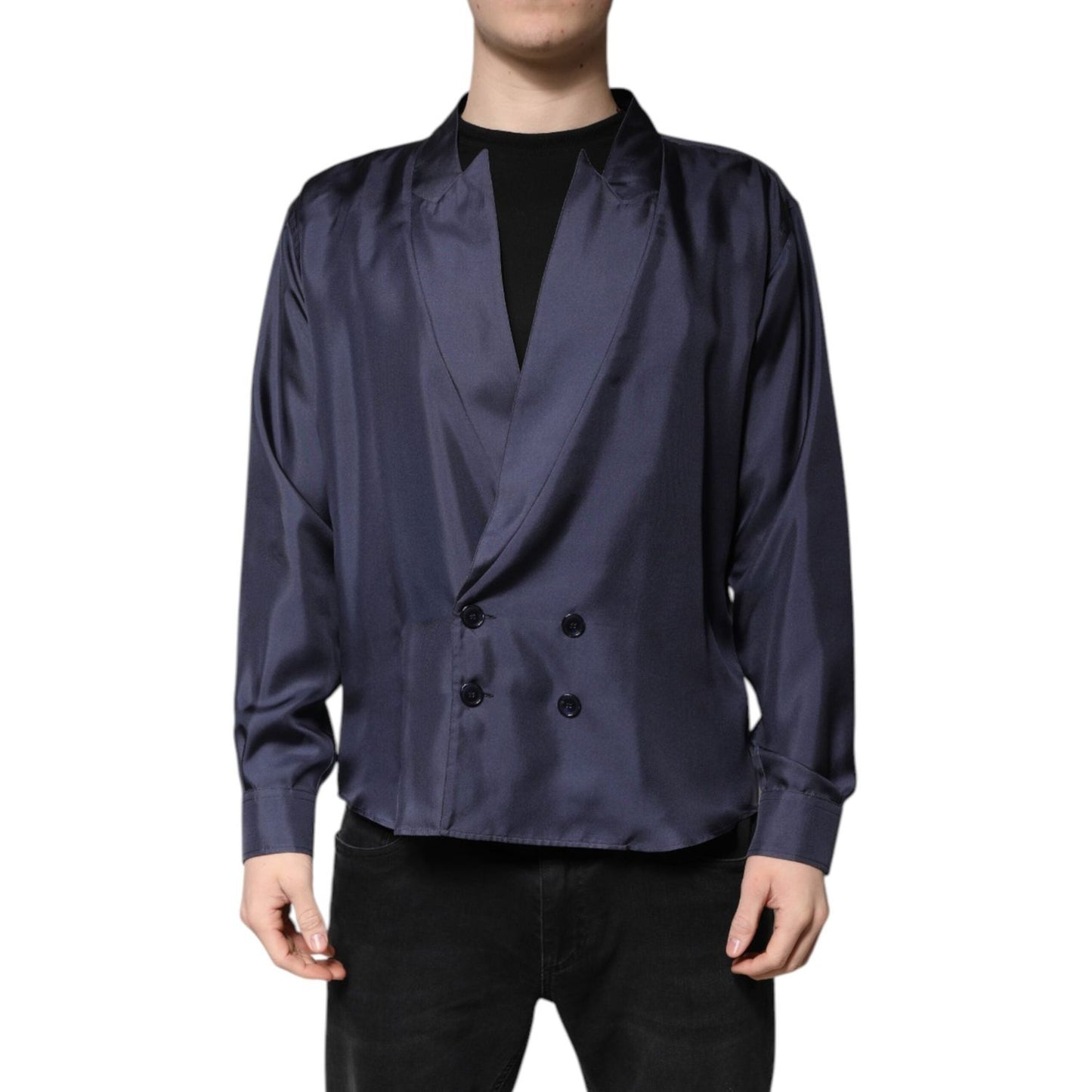 Dolce & Gabbana Dark Blue Silk Double Breasted Shirt