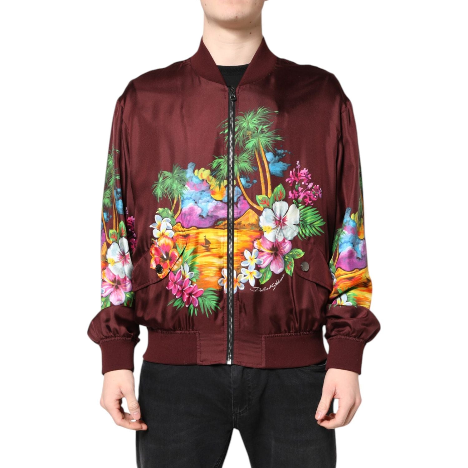 Dolce & Gabbana Maroon Floral Print Full Zip Bomber Jacket