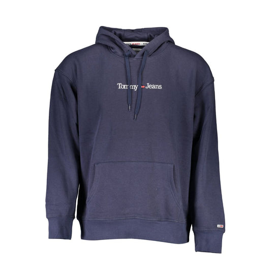 Tommy Hilfiger Blue Cotton Men Sweater with hood and embroidery, featuring a central pocket, combining style and comfort for a casual look.