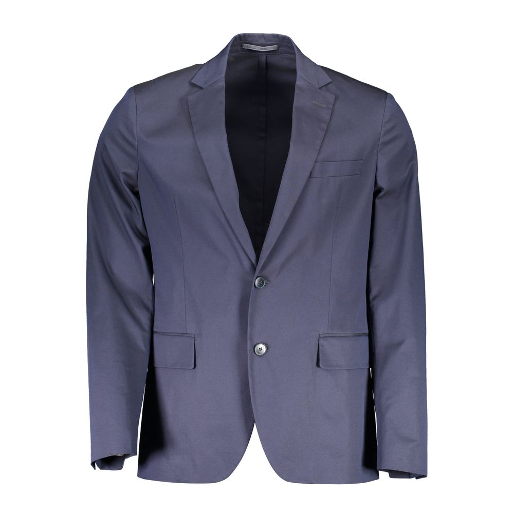 Gant Blue Cotton Men Jacket with long sleeves, sharp tailoring, external pockets, and button fastenings featuring iconic Gant logo.