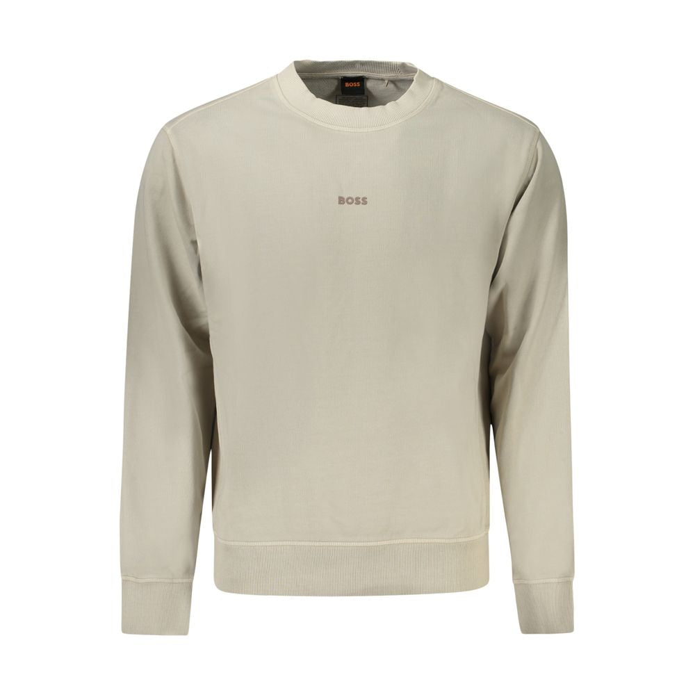 Hugo Boss Beige Cotton Men Sweater with long sleeves and crew neck, featuring a sleek design and brushed finish for a luxury feel.