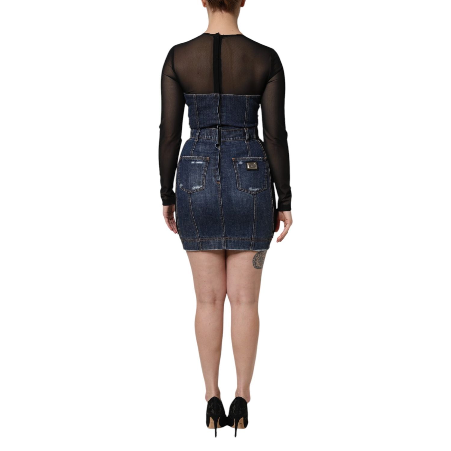 Dolce & Gabbana Black Blue Long Sleeves Denim Mini Dress