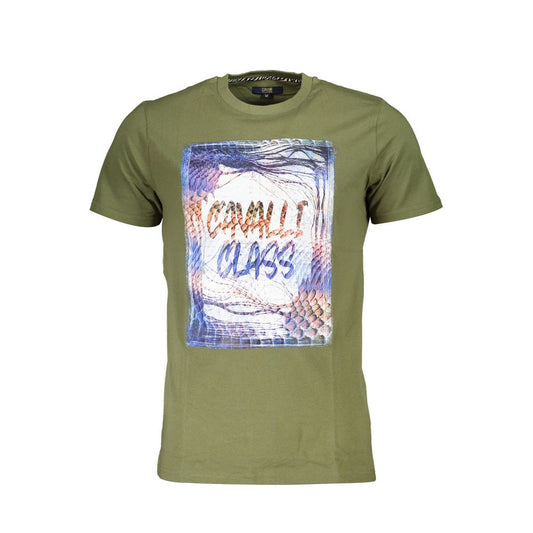 Cavalli Class Green Cotton Men T-Shirt with striking print and logo
