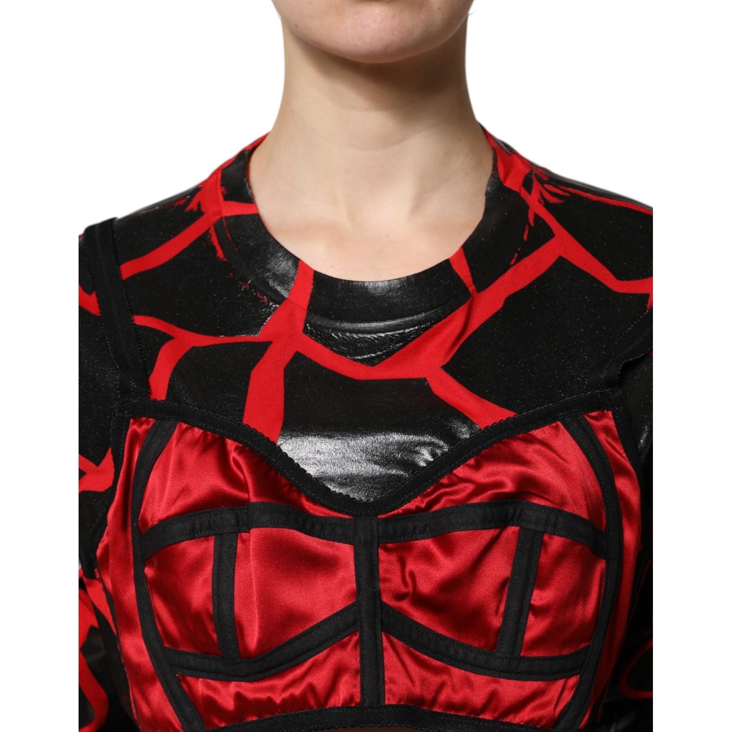 Dolce & Gabbana Red Black Cotton Bustier Detailing Cropped Top