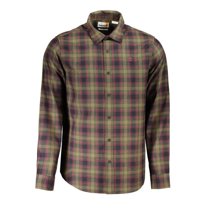 Timberland Green Cotton Shirt with tartan pattern, long sleeves, Italian collar, logo embroidery, and button cuffs.
