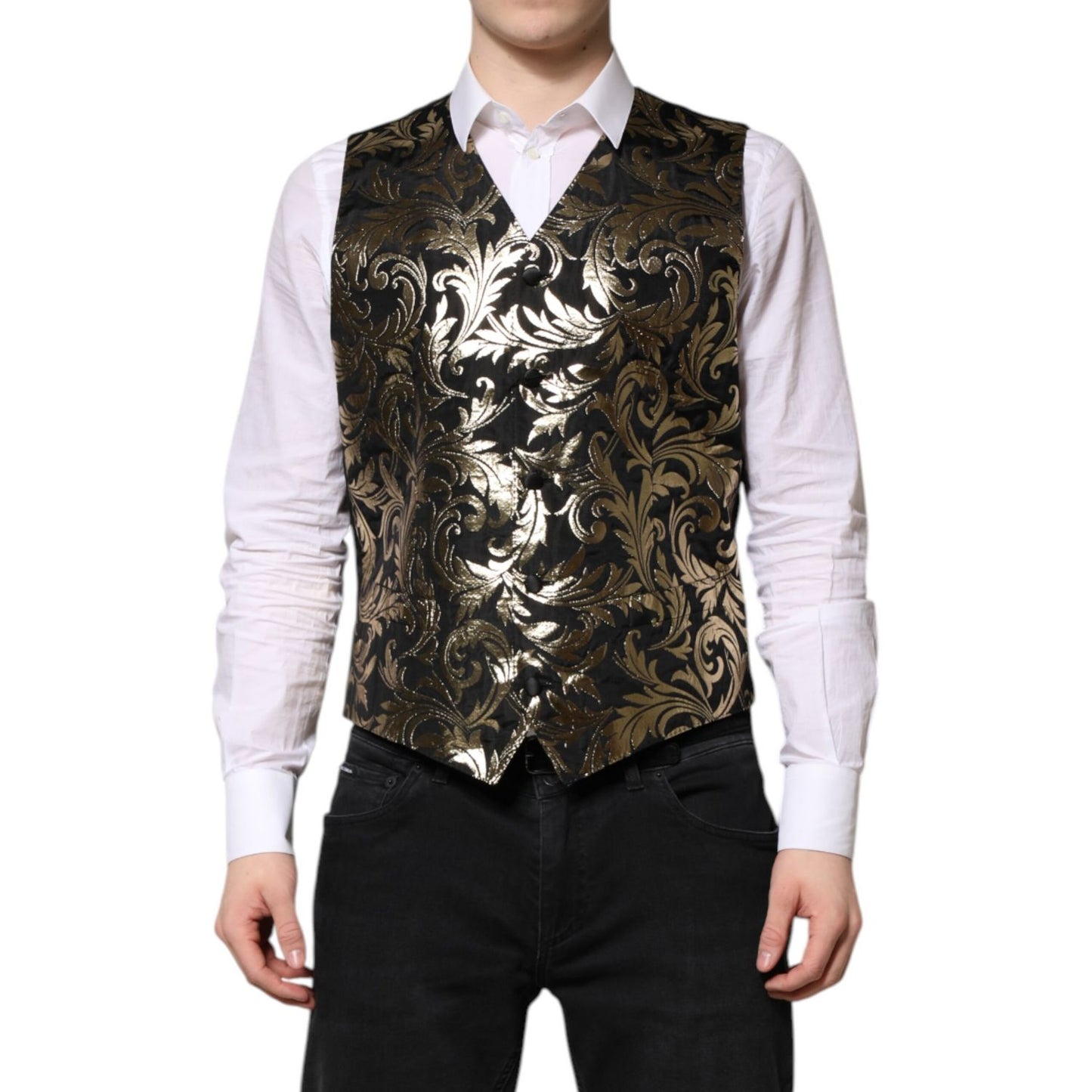 Dolce & Gabbana Black Gold Jacquard Formal Men Waistcoat Vest