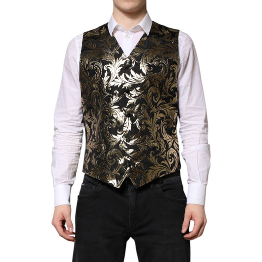 Dolce & Gabbana Black Gold Jacquard Formal Men Waistcoat Vest Dolce & Gabbana
