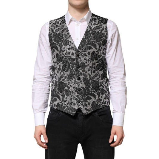 Dolce & Gabbana Black Gray Brocade Formal Men Waistcoat Vest Dolce & Gabbana