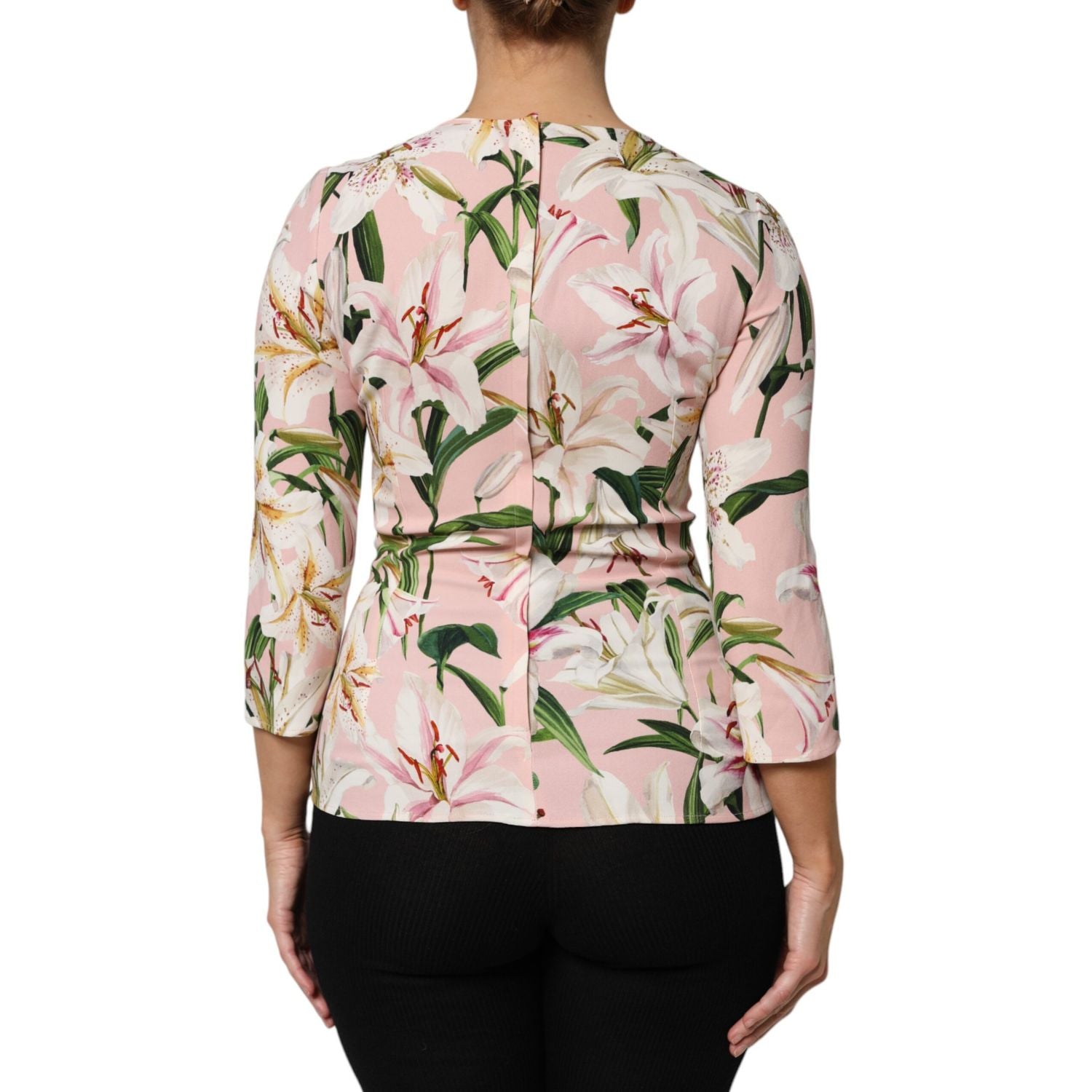 Dolce & Gabbana Pink Lily Print Viscose Round Neck Blouse Top