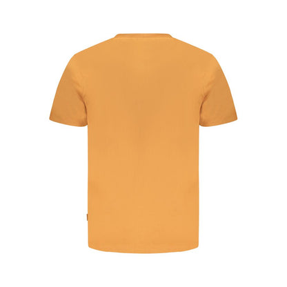 Back view of Pepe Jeans Orange Cotton T-Shirt with short sleeves and crew neck, featuring sustainable material and logo print.