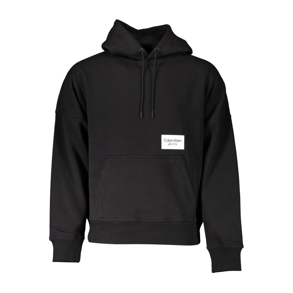 Calvin Klein Black Cotton Men Sweater with hood and logo featuring central pocket, combining style and comfort for modern fashion.