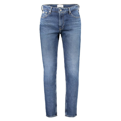 Calvin Klein Blue Cotton Men Jeans with classic 5-pocket design and washed effect, crafted with 20% recycled cotton for eco-conscious style.