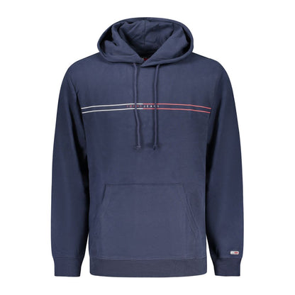 Tommy Hilfiger Blue Cotton Men Sweater with hood and central pocket, featuring a red and white stripe logo across the chest.