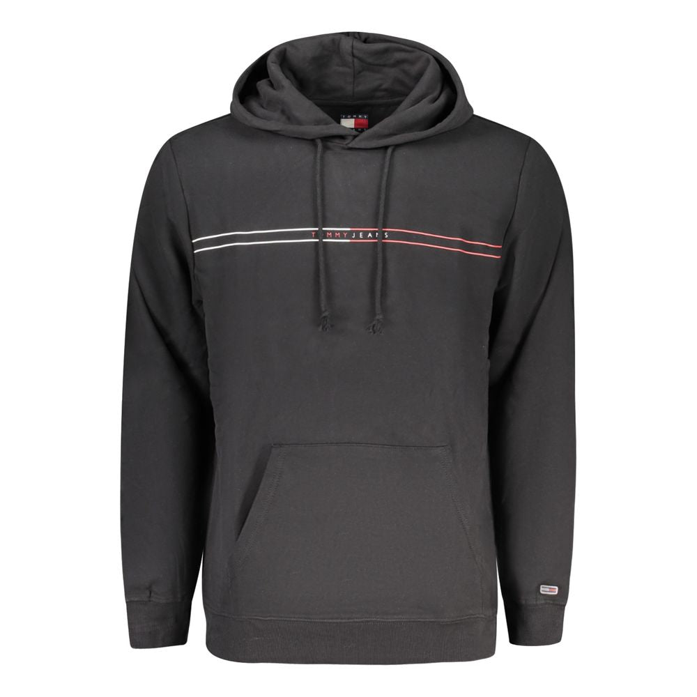 Tommy Hilfiger Black Cotton Men Sweater with hood, central pocket, and iconic logo print for stylish comfort.