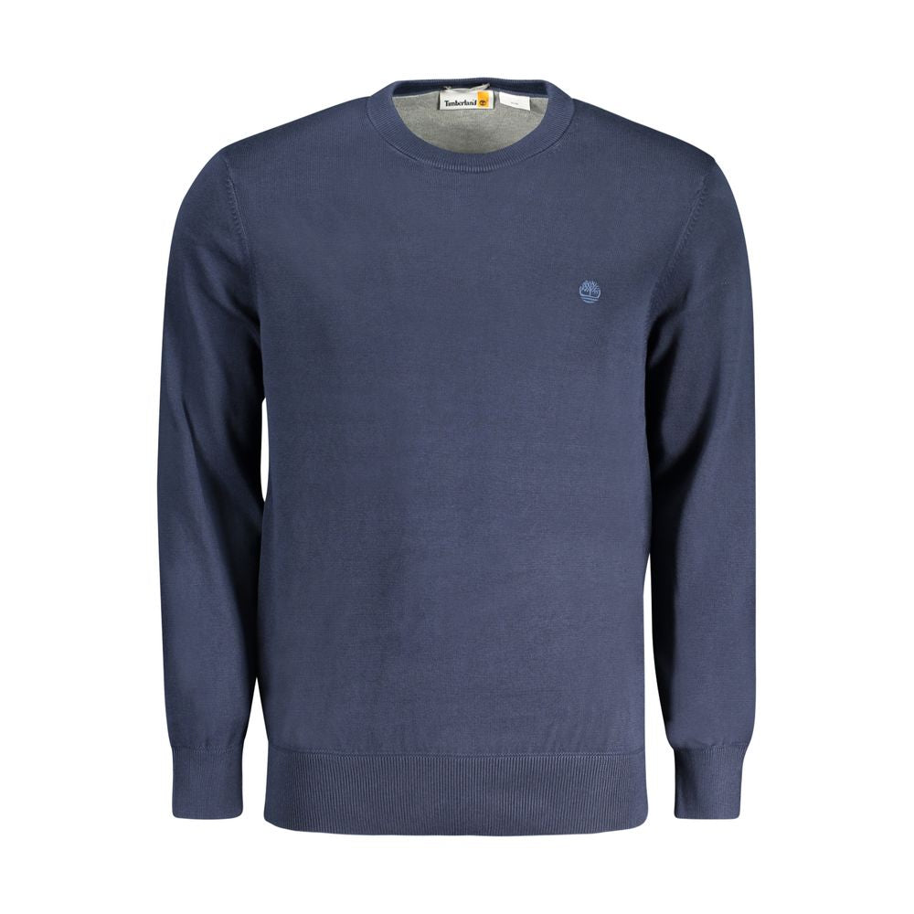 Timberland Blue Cotton Men Sweater made from 100% organic cotton with long sleeves and an embroidered logo, eco-friendly and stylish.