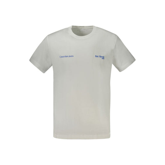 Calvin Klein White Cotton Men T-Shirt with crew neck and iconic print, perfect for casual outings, offers comfort and durability.