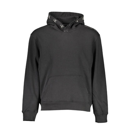 Calvin Klein Black Cotton Men Sweater with long sleeves and central pocket, exuding casual luxury and featuring a distinct logo design.