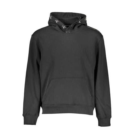 Calvin Klein Black Cotton Men Sweater with long sleeves and central pocket, exuding casual luxury and featuring a distinct logo design.