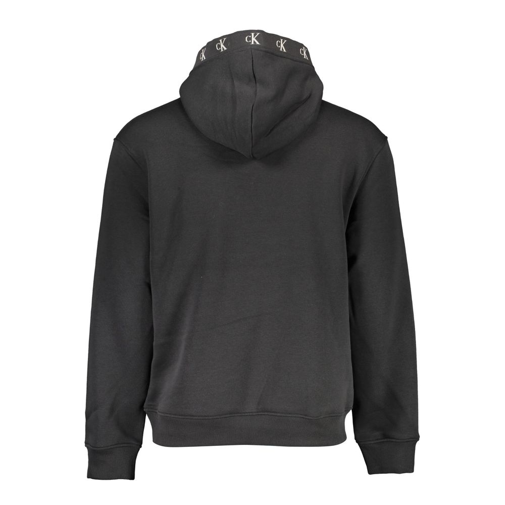 Back view of Calvin Klein Black Cotton Men Sweater with hood and logo detail, showcasing casual luxury and comfort.