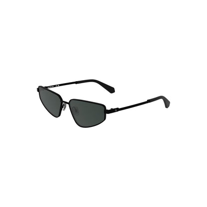 Calvin Klein Black Metal Women Sunglass with bold metal frame and rectangular smoke lenses.