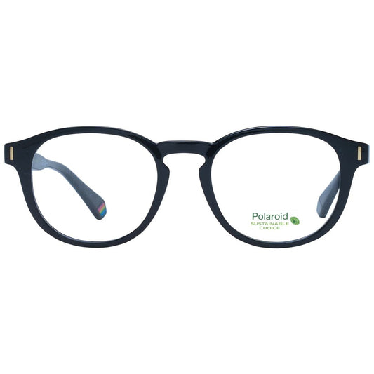 Polaroid Black Unisex Glasses Frame with full-rim design and round style, featuring black polyamide material and demo lenses.