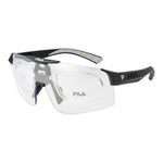 Fila Black Men Sunglass with nylon full-rim frame, grey plastic lenses, 100% UVA & UVB protection, model includes branded case.