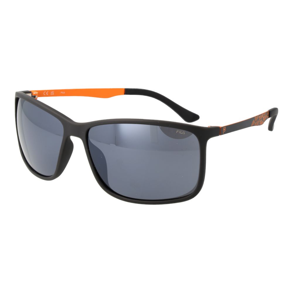 Fila Black Men Sunglass with mirrored grey lenses, TR-90 full-rim black frame, square style, includes branded case.