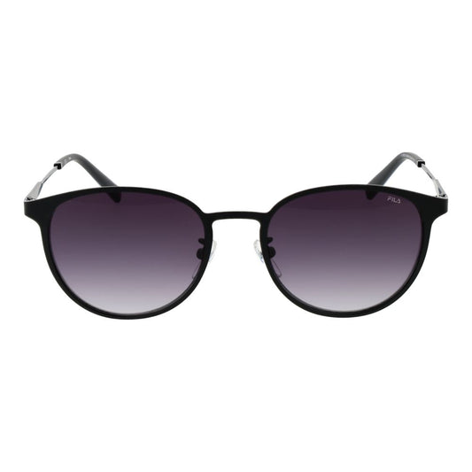 Fila Black Men Sunglass with black stainless steel frame, grey mirrored gradient lenses, and full-rim Panto style, size 52-19-140.