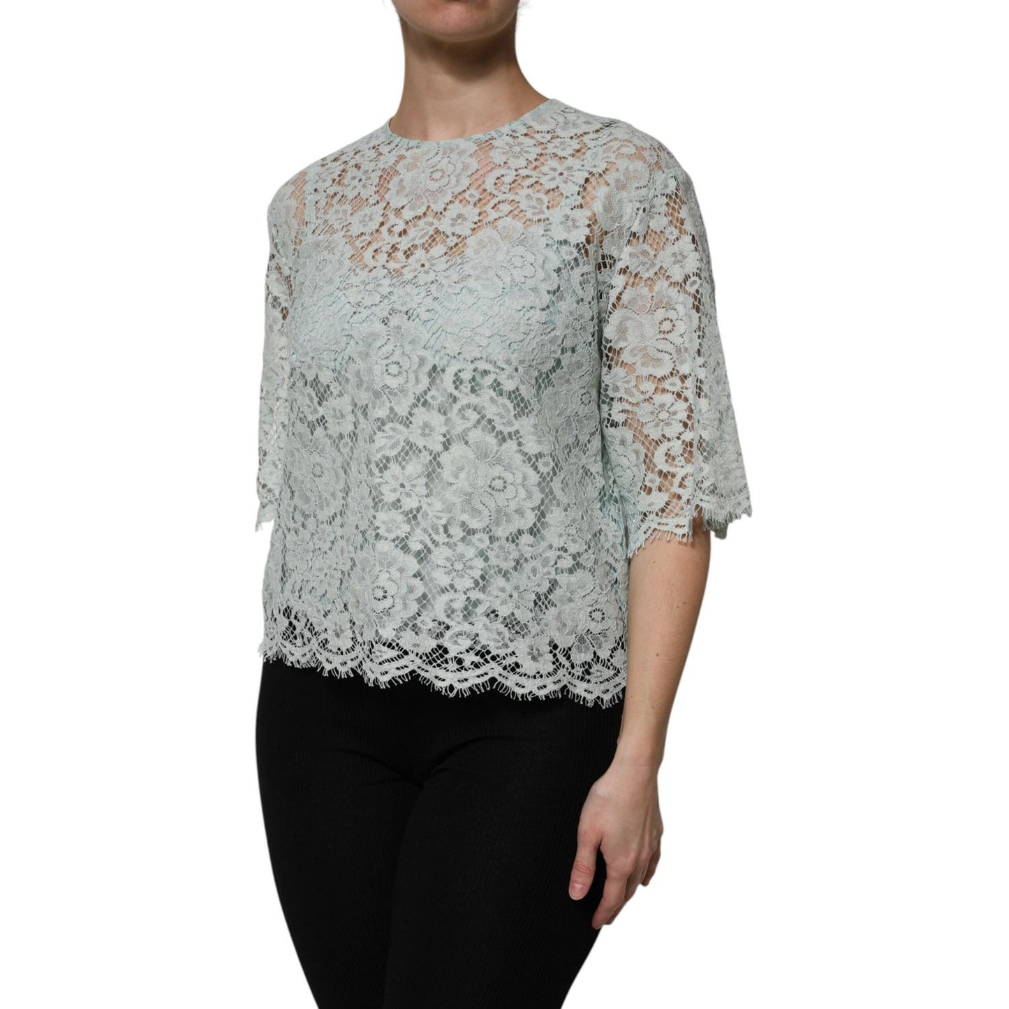 Dolce & Gabbana Mint Green Floral Lace Cotton Blouse Top TSH906726-42