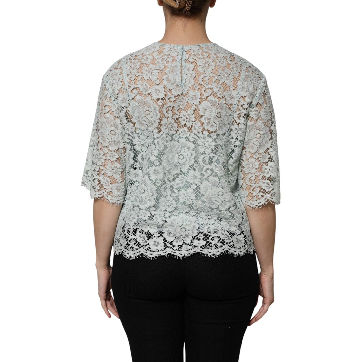 Dolce & Gabbana Mint Green Floral Lace Cotton Blouse Top TSH906726-42