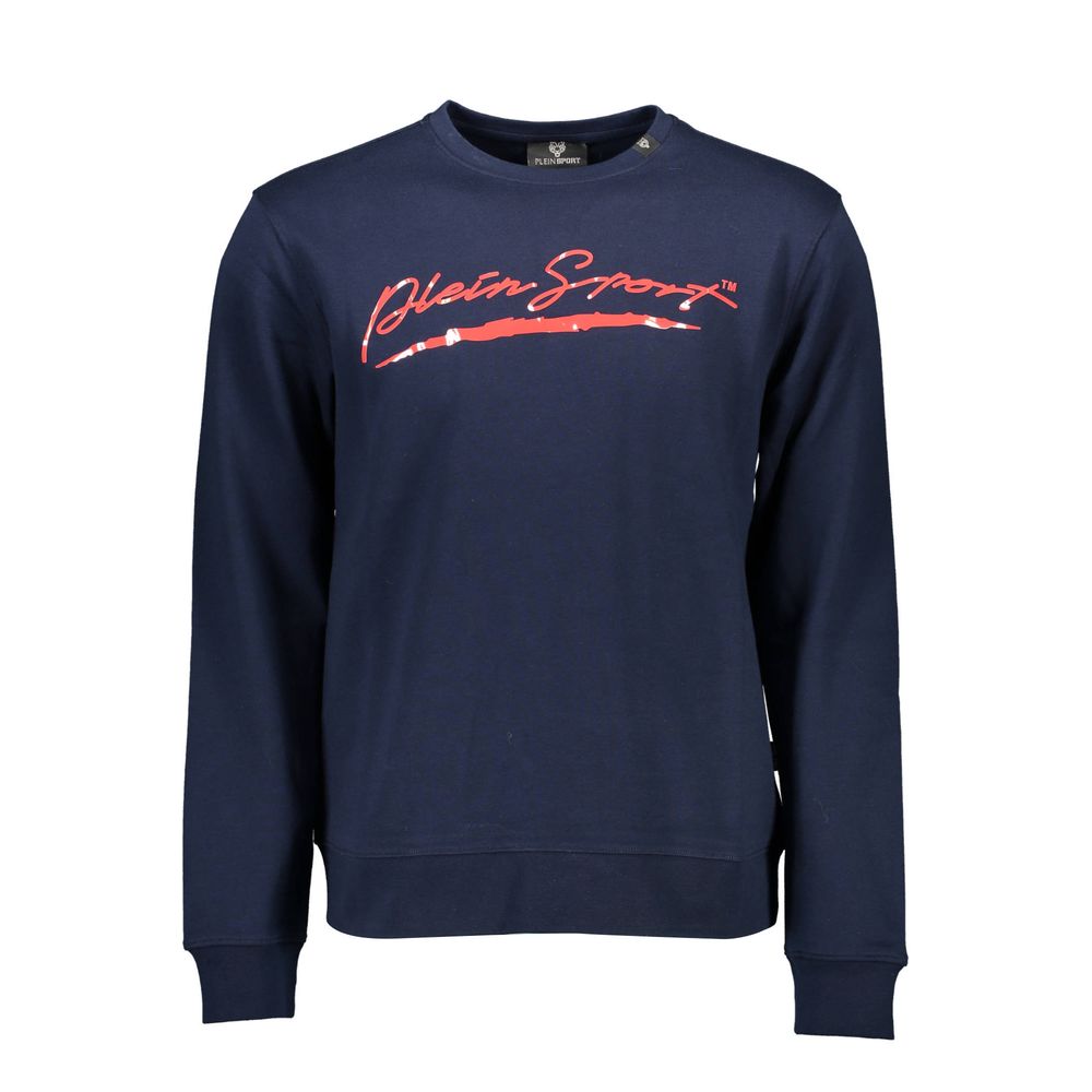 Plein Sport Blue Cotton Men Sweater with logo and dynamic print, crew neck and long sleeves, perfect for luxurious athleisure style.