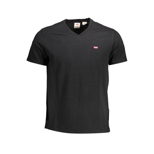 Levi's Black Cotton Men T-Shirt with V-neck and logo, stylish short sleeve tee for casual wear.