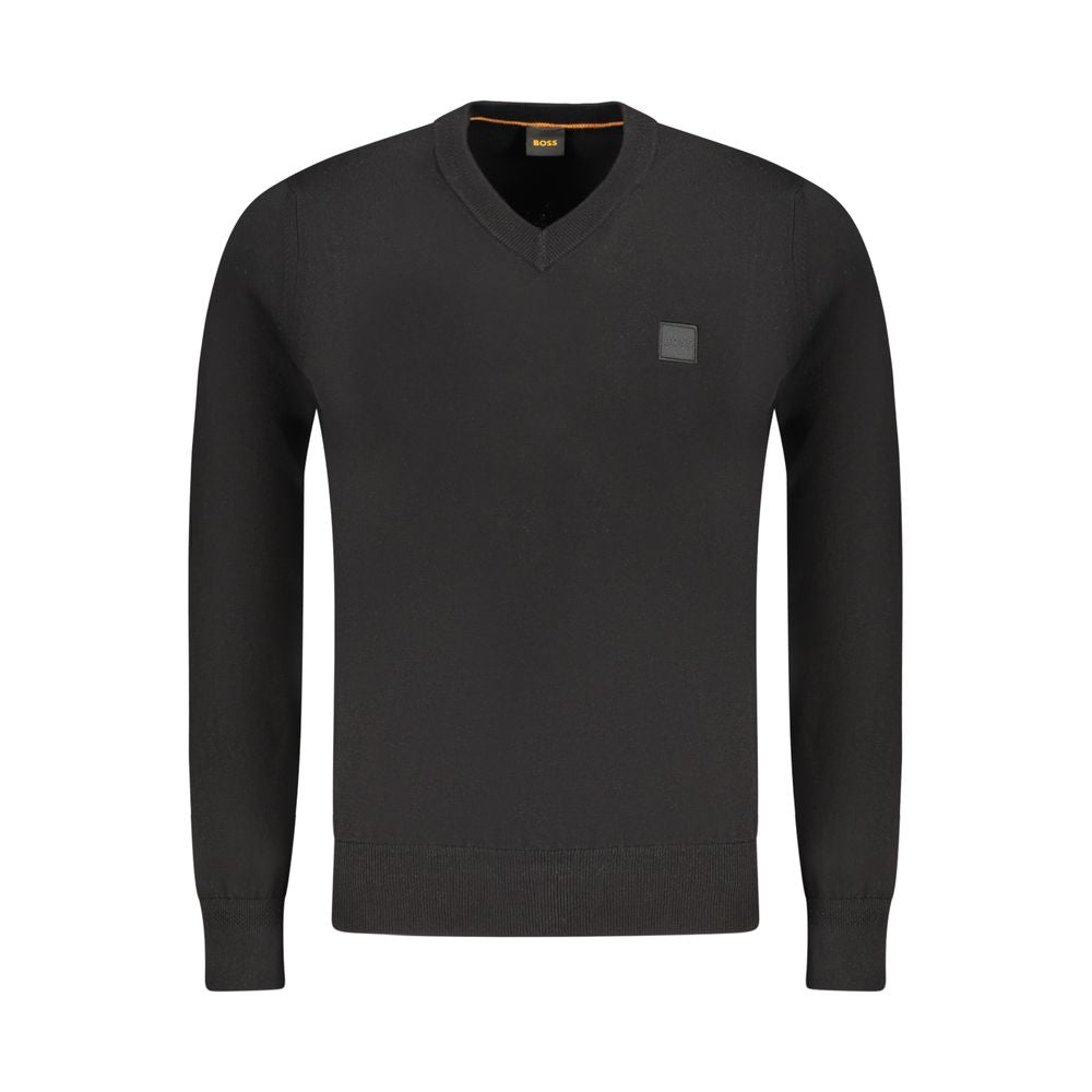 Hugo Boss Black Cotton Sweater, long-sleeved V-neck with logo applique. Ideal for stylish comfort.