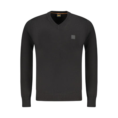 Hugo Boss Black Cotton Sweater, long-sleeved V-neck with logo applique. Ideal for stylish comfort.