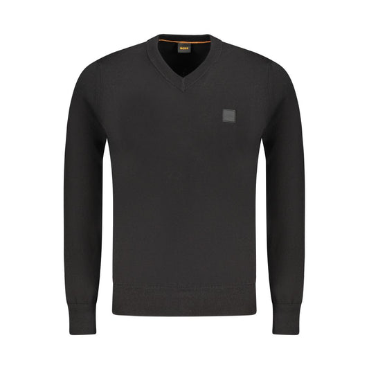 Hugo Boss Black Cotton Sweater, long-sleeved V-neck with logo applique. Ideal for stylish comfort.