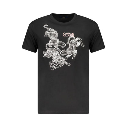 Cavalli Class Black Cotton Men T-Shirt with graphic design and logo, embodying luxury and style, crafted for comfort and bold fashion statements.
