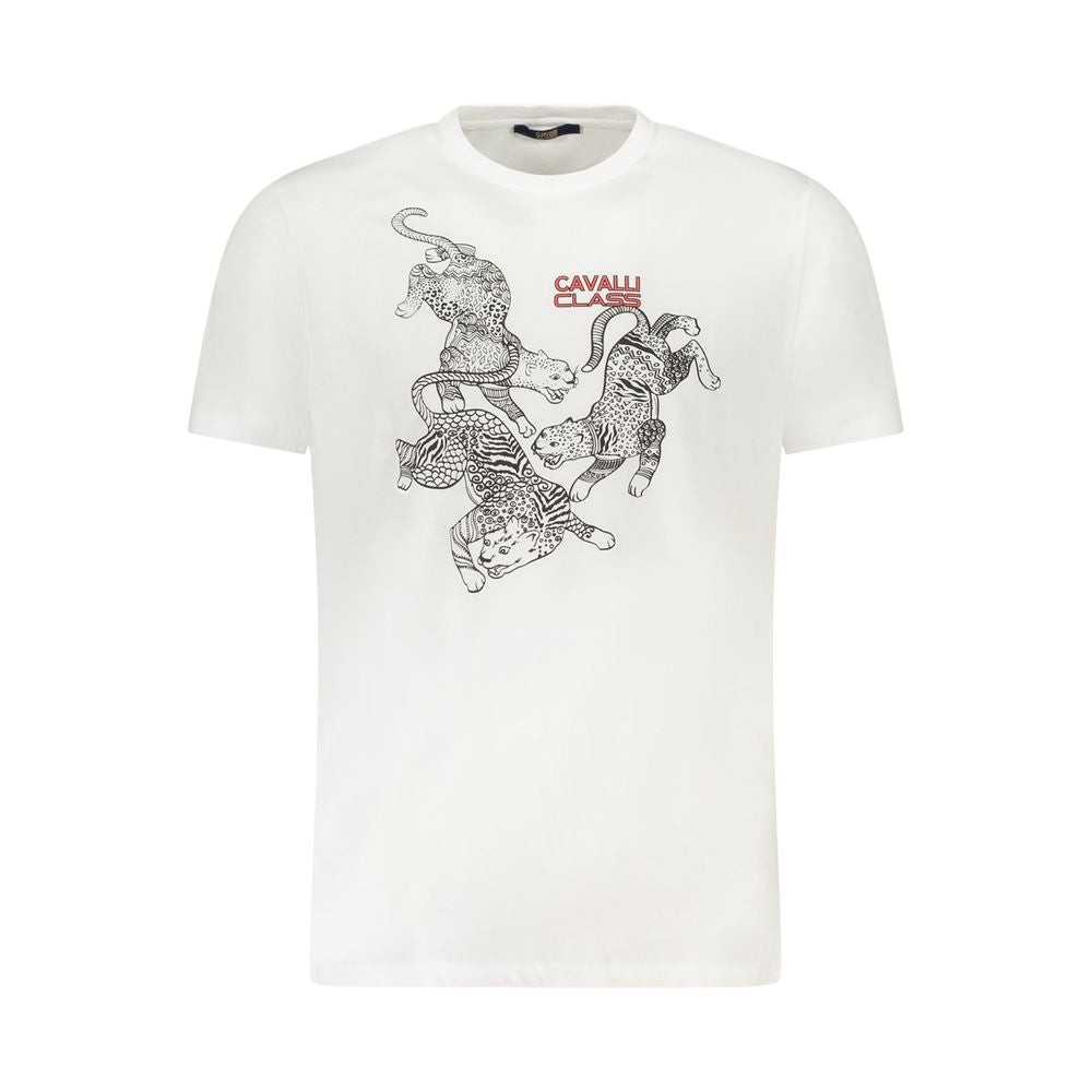 Cavalli Class White Cotton Men T-Shirt featuring bold print and iconic logo, perfect for modern trendsetters.