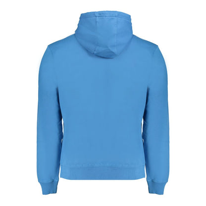 Back view of Napapijri Blue Cotton Men Sweater, featuring a cozy hood and modern design for style and comfort.