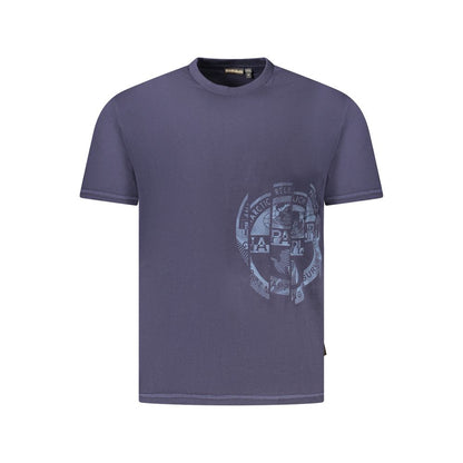 Napapijri Blue Cotton Men T-Shirt with logo print, short sleeve, crew neck, made from 100% organic cotton for sustainable comfort.