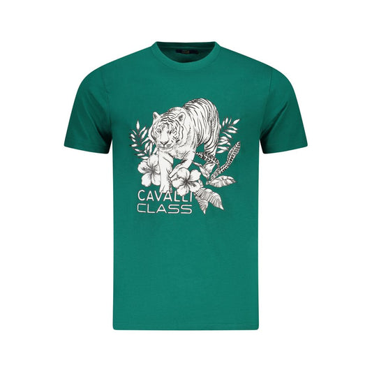 Cavalli Class Green Cotton Men T-Shirt with tiger graphic and logo, short-sleeved crew-neck for stylish and comfortable wear.
