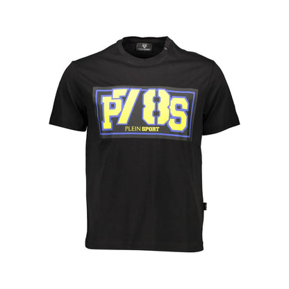 Plein Sport Black Cotton Men T-Shirt with bold print and vibrant accents, short sleeve crew neck, athletic comfort and style.