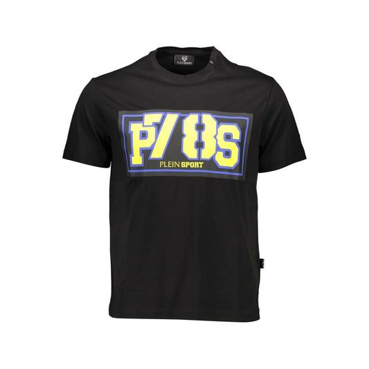 Plein Sport Black Cotton Men T-Shirt with bold print and contrasting details, short sleeve crew neck design.