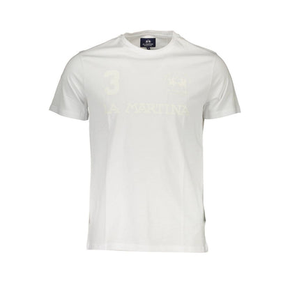 La Martina White Cotton Men T-Shirt with logo print, crew neck, short sleeves, and casual luxury style.