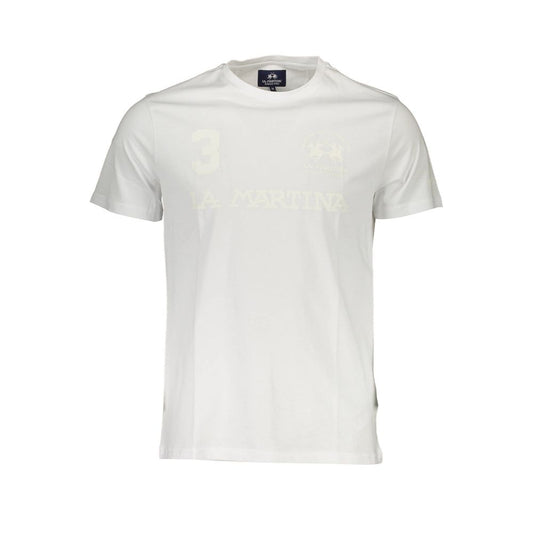 La Martina White Cotton Men T-Shirt with logo print, crew neck, short sleeves, and casual luxury style.