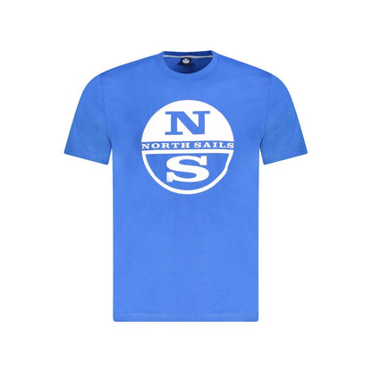 North Sails Blue Cotton Men T-Shirt with logo and nautical print on front, short sleeves, crew neck, 100% cotton for comfort and style.