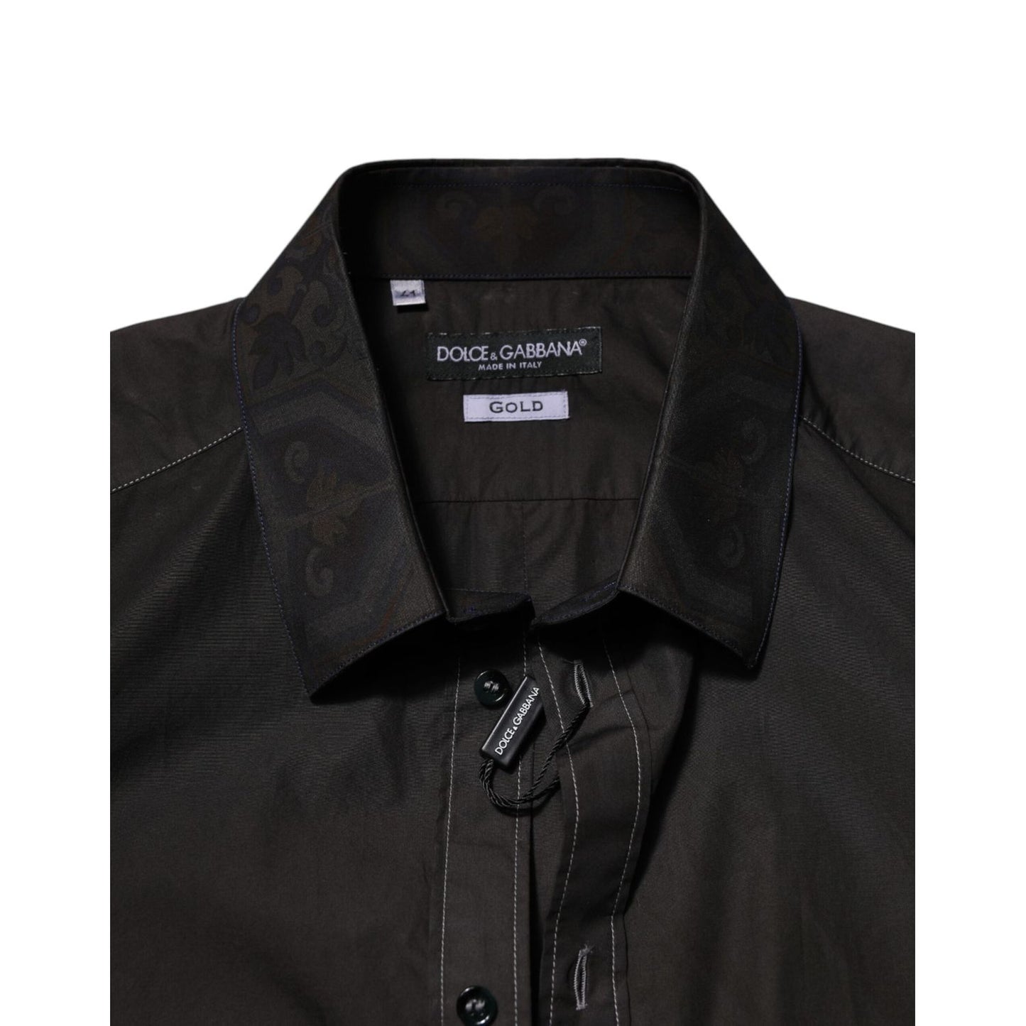 Dolce & Gabbana Black Cotton Jacquard GOLD Collar Dress Shirt